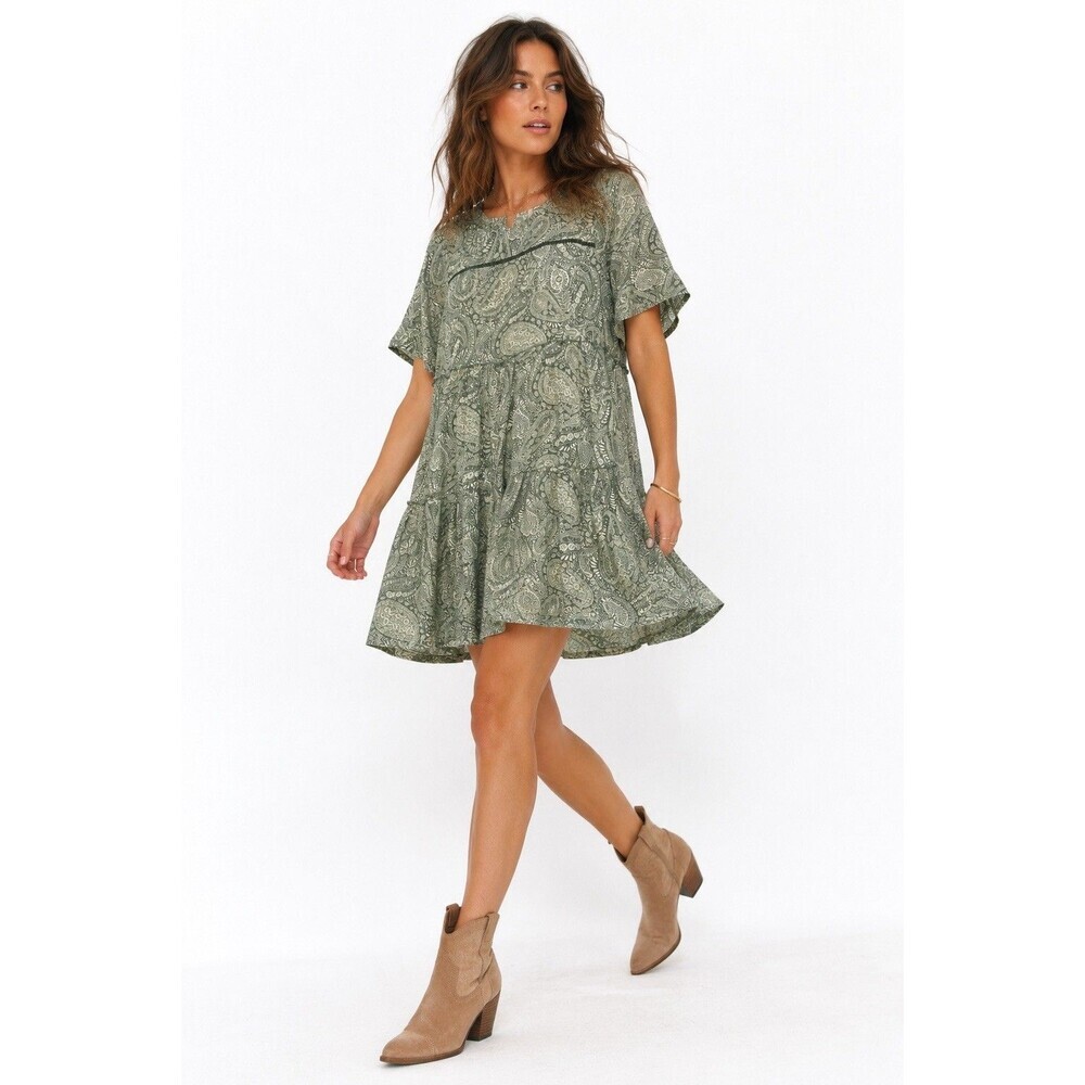 Knox Rose XL Paisley Tiered Babydoll Dress Green Boho Peasant Rayon